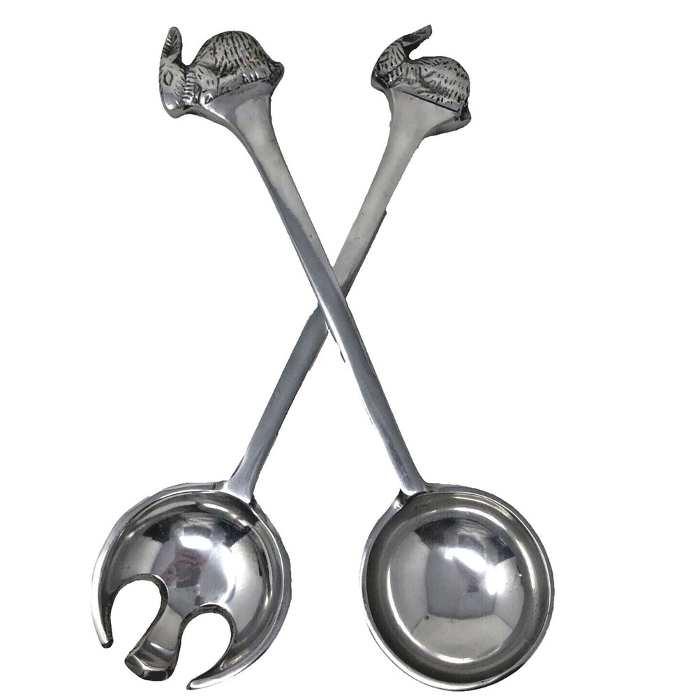 Pewter Bunny Rabbit Salad Serving Fork and Spoon 13" Eclectic NOS New Old Stock